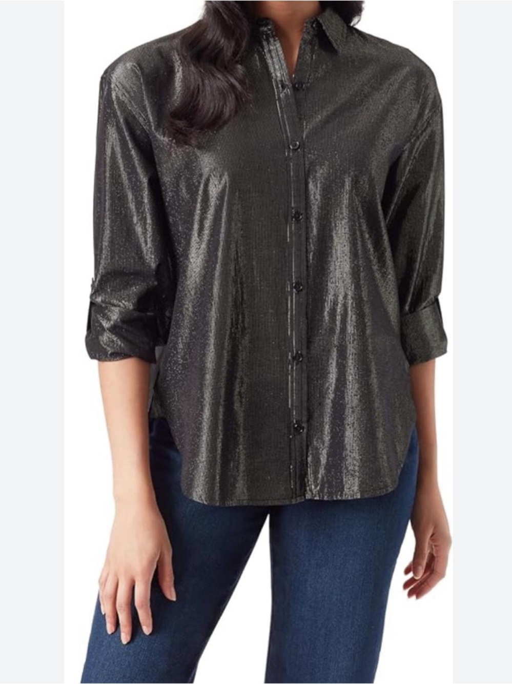 Gloria Vanderbilt Shimmery Black Button-Front Shirt - Picture 4 of 8